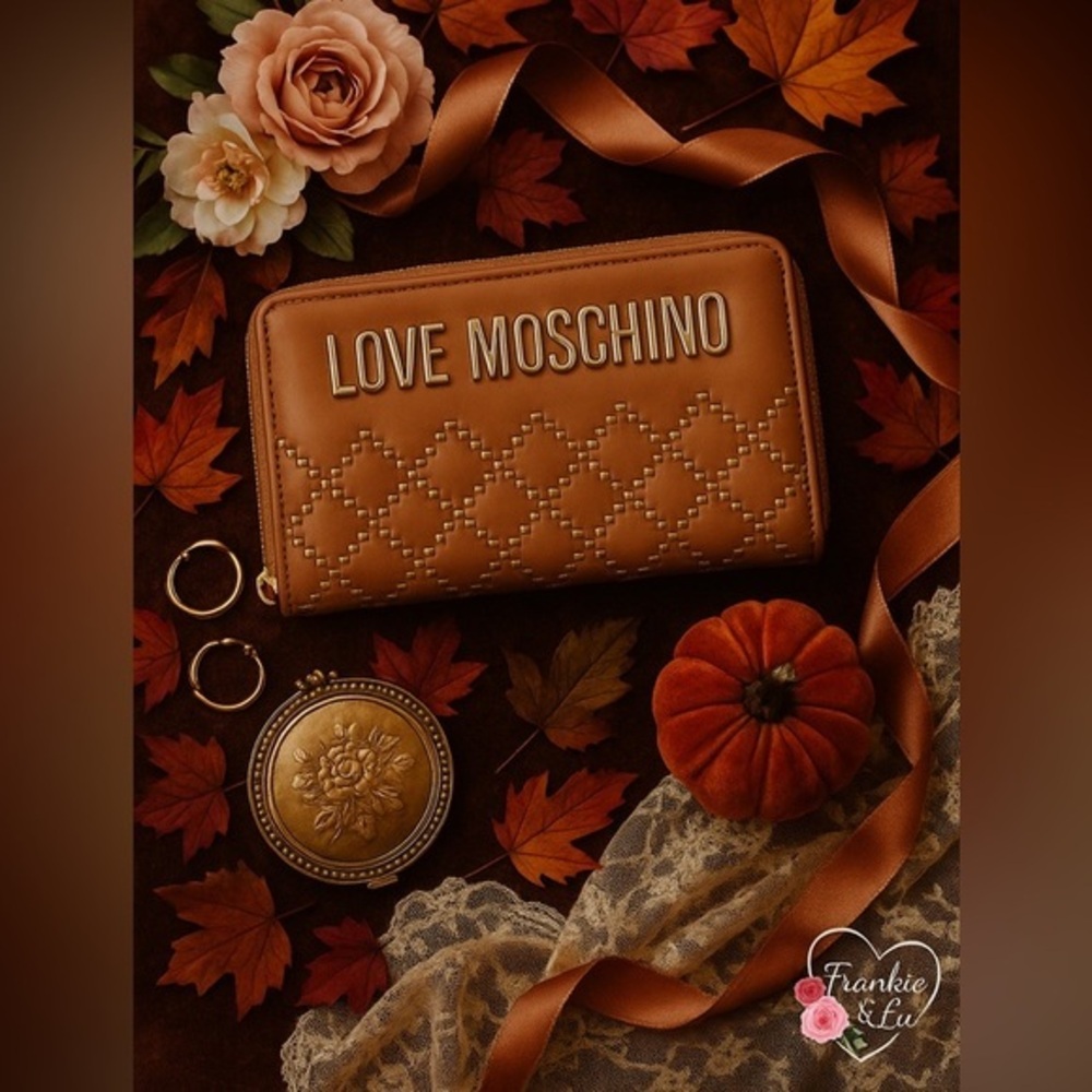 Love Moschino Tan Leather Zip Around Continental Wallet Gold Logo NWT